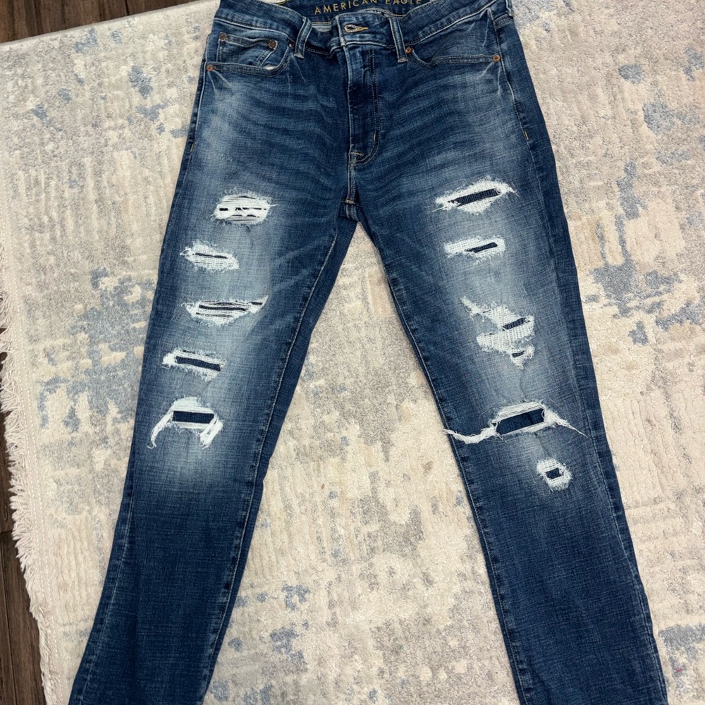 American Eagle Outfitters Men's Ripped Dark Blue Skinny Jeans 33x30
